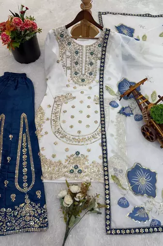 Blue pure gmy silk embroidered palazzo suit set with organza dupatta