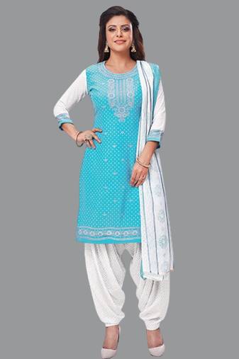 Blue turquoise blue printed crepe unstitched salwar suit dress material with chiffon dupatta