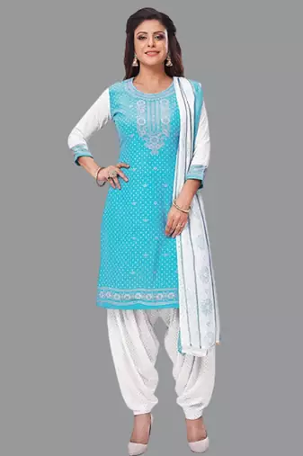 Blue turquoise blue printed crepe unstitched salwar suit dress material with chiffon dupatta