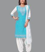 Blue turquoise blue printed crepe unstitched salwar suit dress material with chiffon dupatta