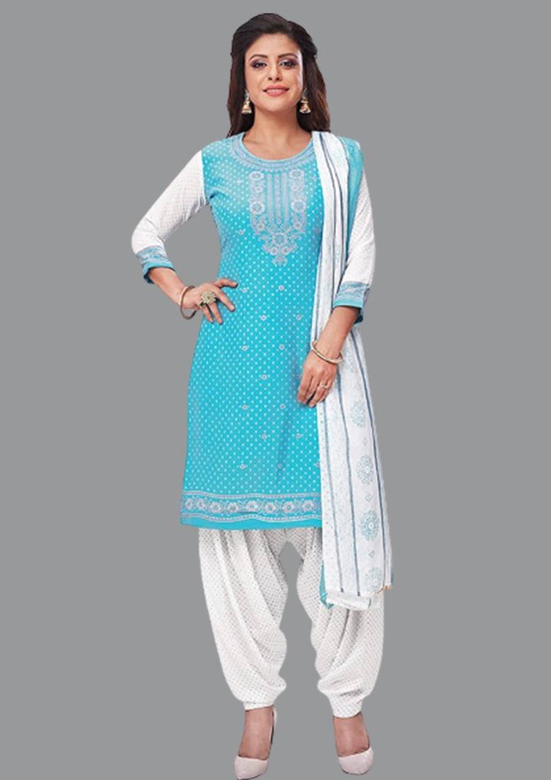 Blue turquoise blue printed crepe unstitched salwar suit dress material with chiffon dupatta