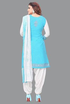 Blue turquoise blue printed crepe unstitched salwar suit dress material with chiffon dupatta 2