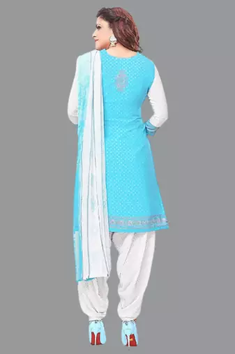 Blue turquoise blue printed crepe unstitched salwar suit dress material with chiffon dupatta