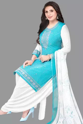 Blue turquoise blue printed crepe unstitched salwar suit dress material with chiffon dupatta