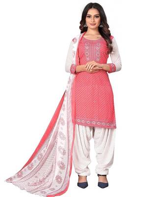 Pink coral pink printed crepe unstitched salwar suit dress material with chiffon dupatta 1