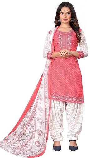Pink coral pink printed crepe unstitched salwar suit dress material with chiffon dupatta