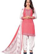 Pink coral pink printed crepe unstitched salwar suit dress material with chiffon dupatta