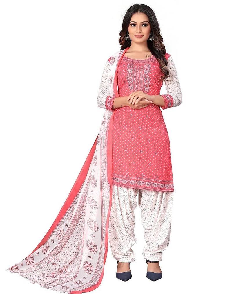 Pink coral pink printed crepe unstitched salwar suit dress material with chiffon dupatta