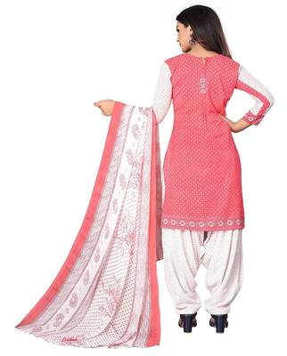 Pink coral pink printed crepe unstitched salwar suit dress material with chiffon dupatta 2