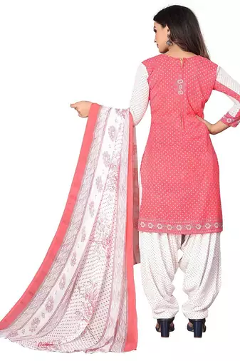 Pink coral pink printed crepe unstitched salwar suit dress material with chiffon dupatta