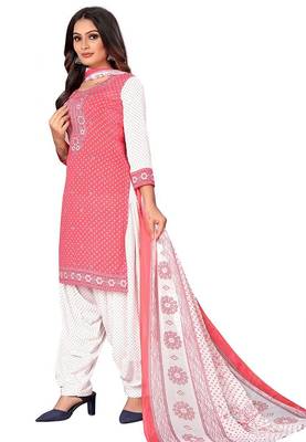 Pink coral pink printed crepe unstitched salwar suit dress material with chiffon dupatta 3