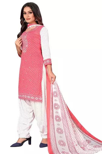 Pink coral pink printed crepe unstitched salwar suit dress material with chiffon dupatta