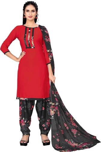 Red patiyala red floral printed crepe unstitched patiala salwar suit dress material with chiffon dupatta