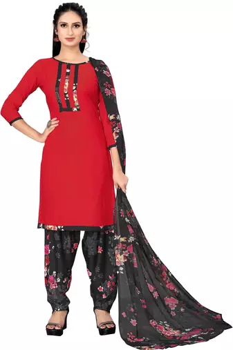 Red patiyala red floral printed crepe unstitched patiala salwar suit dress material with chiffon dupatta