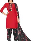 Red patiyala red floral printed crepe unstitched patiala salwar suit dress material with chiffon dupatta