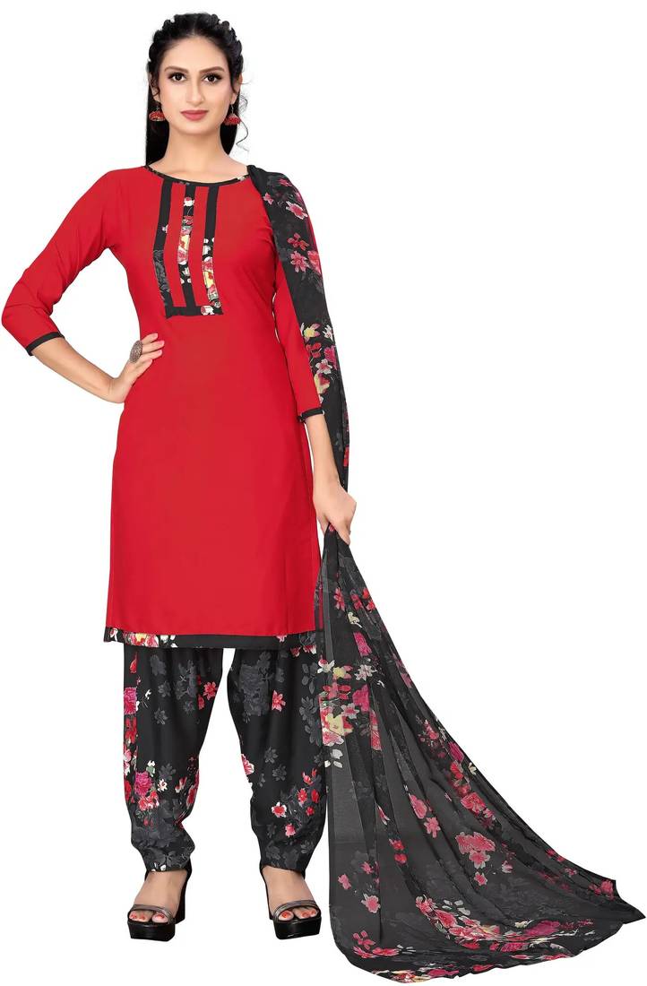 Red patiyala red floral printed crepe unstitched patiala salwar suit dress material with chiffon dupatta