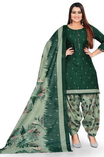 Bottle green floral printed crepe unstitched patiala salwar suit dress material with chiffon dupatta