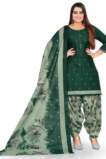 Bottle green floral printed crepe unstitched patiala salwar suit dress material with chiffon dupatta
