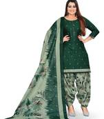 Bottle green floral printed crepe unstitched patiala salwar suit dress material with chiffon dupatta