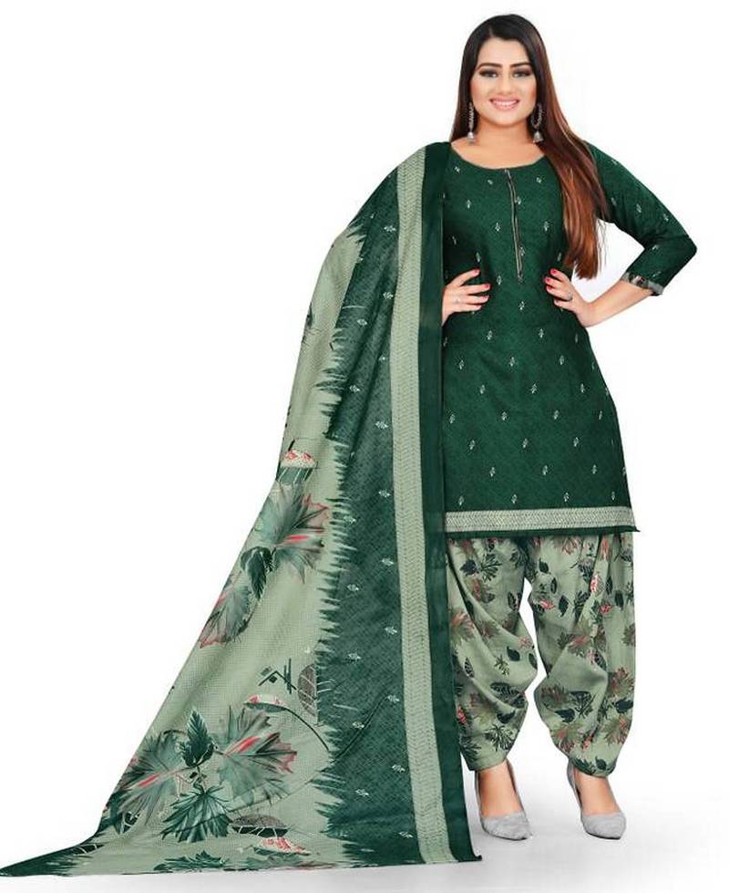 Bottle green floral printed crepe unstitched patiala salwar suit dress material with chiffon dupatta