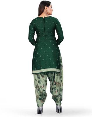 Bottle green floral printed crepe unstitched patiala salwar suit dress material with chiffon dupatta 2