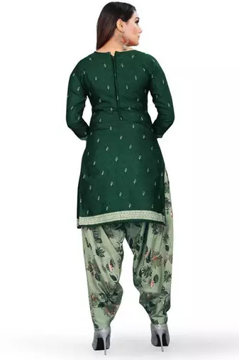 Bottle green floral printed crepe unstitched patiala salwar suit dress material with chiffon dupatta