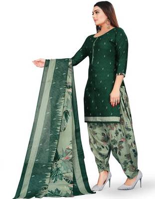 Bottle green floral printed crepe unstitched patiala salwar suit dress material with chiffon dupatta 3