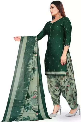 Bottle green floral printed crepe unstitched patiala salwar suit dress material with chiffon dupatta