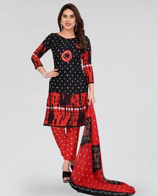 Bandhej black & red bandhani printed crepe unstitched patiala salwar suit dress material with chiffon dupatta 1