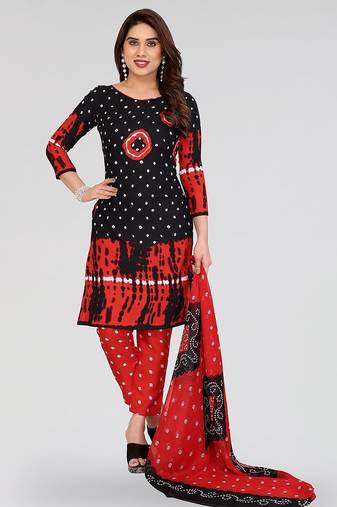 Bandhej black & red bandhani printed crepe unstitched patiala salwar suit dress material with chiffon dupatta