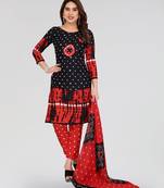 Bandhej black & red bandhani printed crepe unstitched patiala salwar suit dress material with chiffon dupatta