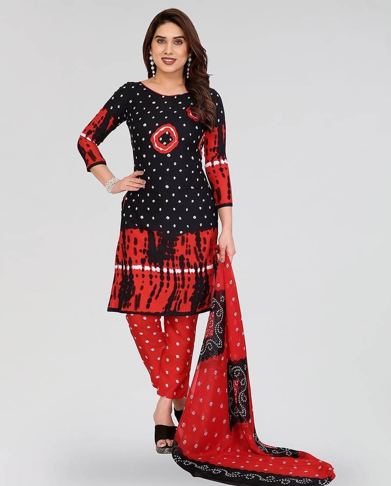 Bandhej black & red bandhani printed crepe unstitched patiala salwar suit dress material with chiffon dupatta