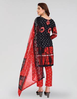 Bandhej black & red bandhani printed crepe unstitched patiala salwar suit dress material with chiffon dupatta 2