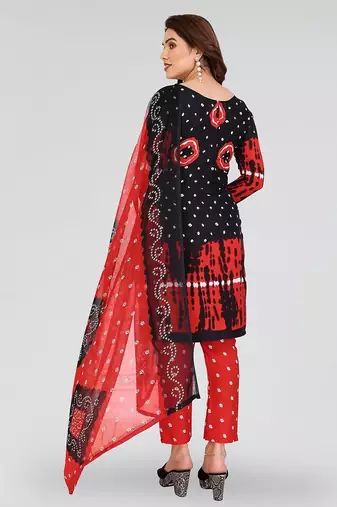 Bandhej black & red bandhani printed crepe unstitched patiala salwar suit dress material with chiffon dupatta