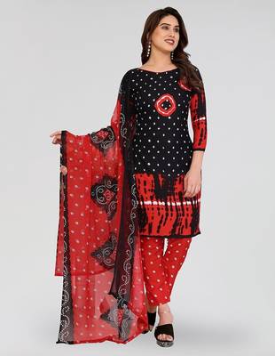 Bandhej black & red bandhani printed crepe unstitched patiala salwar suit dress material with chiffon dupatta 3