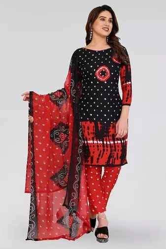 Bandhej black & red bandhani printed crepe unstitched patiala salwar suit dress material with chiffon dupatta