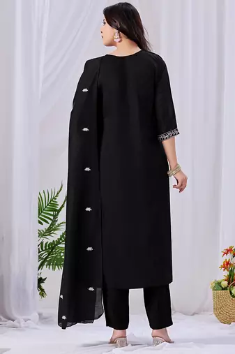 Black embroidered mul cotton kurta pant dupatta set | handwork & floral embroidery