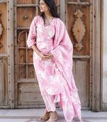 Pastel Pink Floral Printed Kurta Set with Mirror Work Neckline