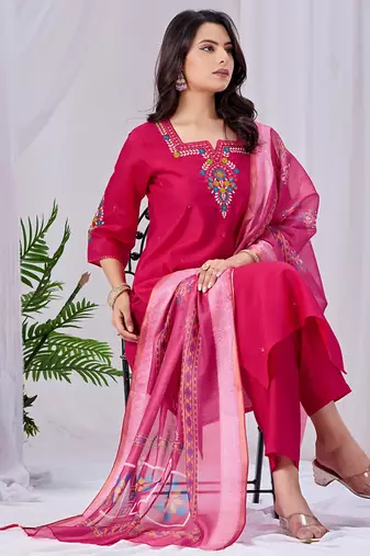 Rani pink embroidered roman fabric kurta pant dupatta set