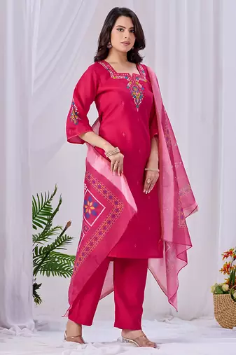 Rani pink embroidered roman fabric kurta pant dupatta set