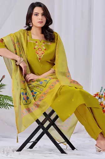 Lime green embroidered roman fabric kurta pant dupatta set