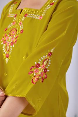 Lime green embroidered roman fabric kurta pant dupatta set 3