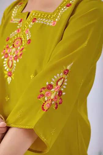 Lime green embroidered roman fabric kurta pant dupatta set