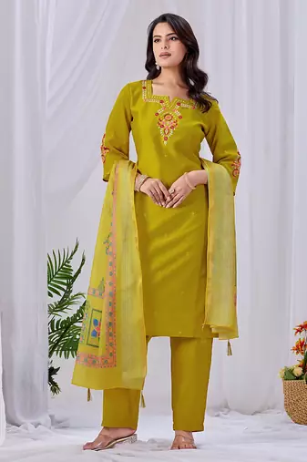 Lime green embroidered roman fabric kurta pant dupatta set