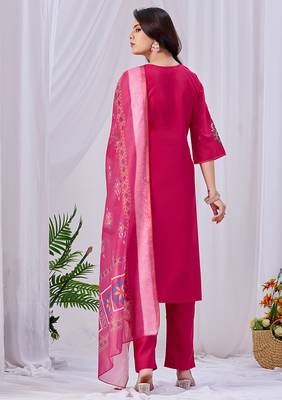 Rani pink embroidered roman fabric kurta pant dupatta set 5