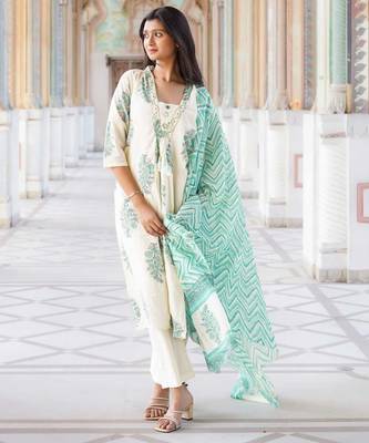 Ivory & Sea Green Floral Block Print Anarkali Kurta Set 1