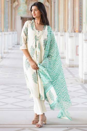 Ivory & Sea Green Floral Block Print Anarkali Kurta Set