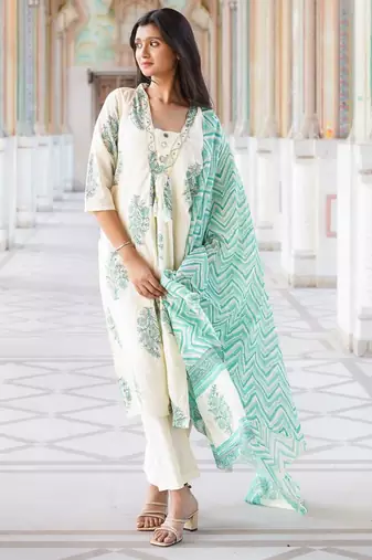 Ivory & Sea Green Floral Block Print Anarkali Kurta Set