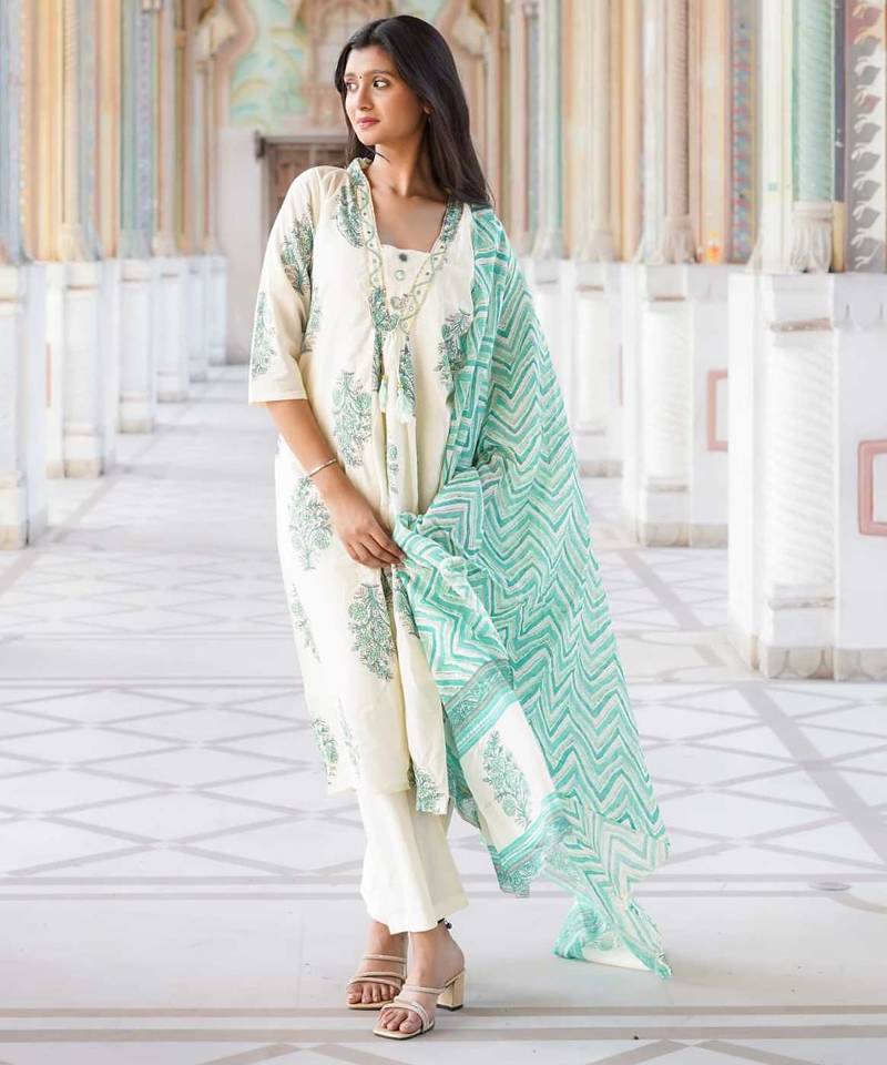 Ivory & Sea Green Floral Block Print Anarkali Kurta Set
