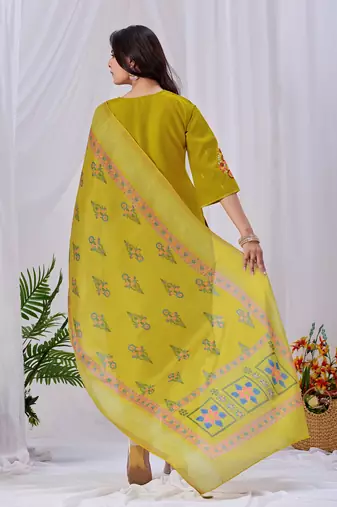 Lime green embroidered roman fabric kurta pant dupatta set
